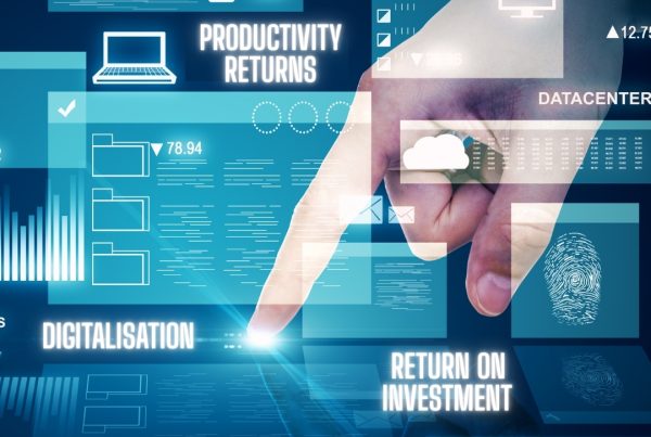 Digital background showing keywords digitalisation, return on investment, and productivity returns, highlighting how digital tools improve efficiency and back office performance for NZ SMEs.