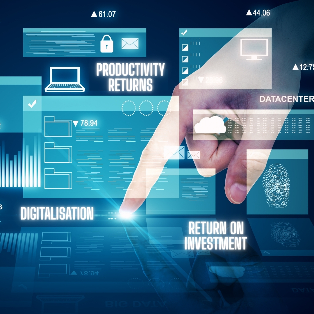 Digital background showing keywords digitalisation, return on investment, and productivity returns, highlighting how digital tools improve efficiency and back office performance for NZ SMEs.